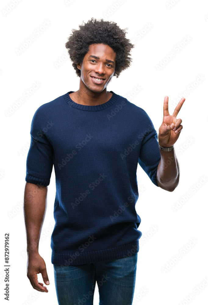 Afro american man over isolated background smiling with happy face winking at the camera doing victory sign. Number two. Afro american man over isolated background smiling with happy face winking at the camera doing victory sign. Number two.