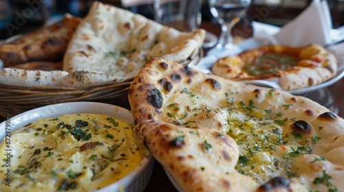 A selection of naan breads including garlic naan, butter naan, and plain naan, served hot