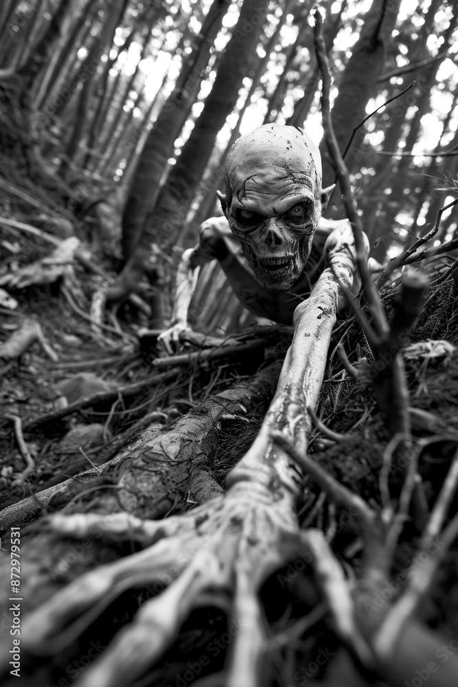 Creepy creature with an eerie grimace emerges from the depths of the forest Creepy creature with an eerie grimace emerges from the depths of the forest