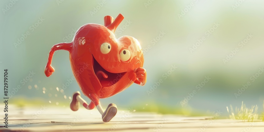 Naklejka premium Animated Heart Running with Joy. A cheerful animated heart character running joyfully with a big smile, set against a blurred outdoor background. Banner with copy space