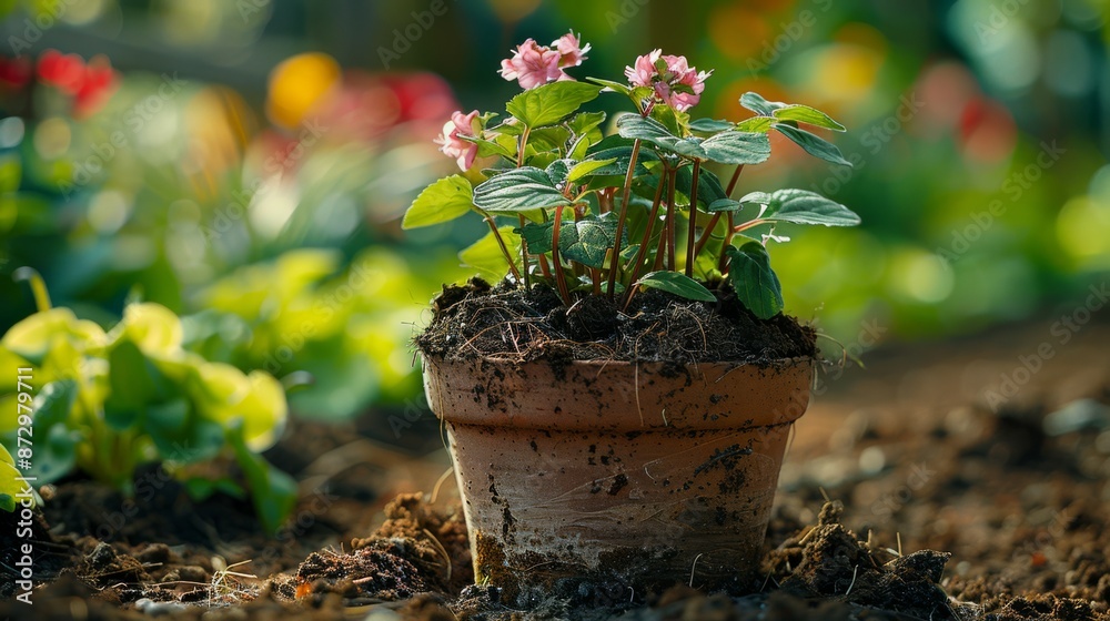 Flower Pot Held in Hand with Garden Background Flower Pot Held in Hand with Garden Background