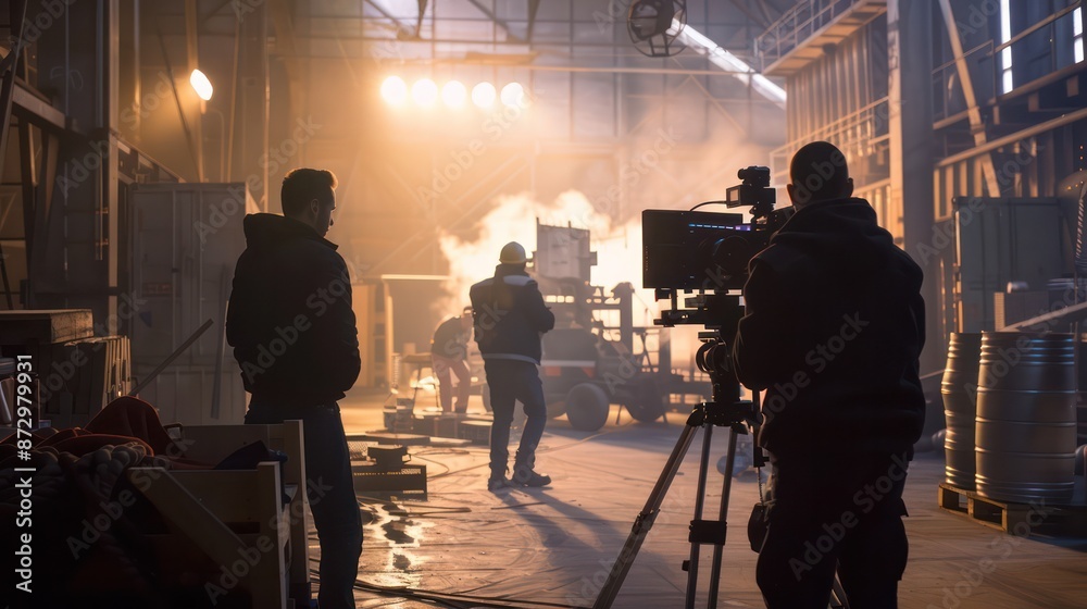 Fototapeta premium Film crew working in an industrial warehouse where production takes place.