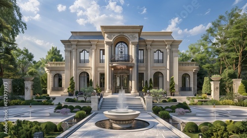 Sleek front design of a luxury mansion with a grand entrance, marble facade, and an expansive front garden with a water fountain.