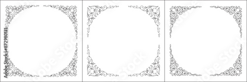 Set of three round vegetal vector frames with flowers and leaves. Black and white. Vector frame for all sizes and formats. Isolated vector illustration.	