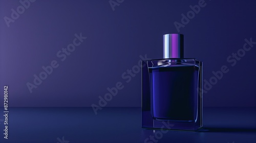 A perfume on a dark violet background with bright glow behind.