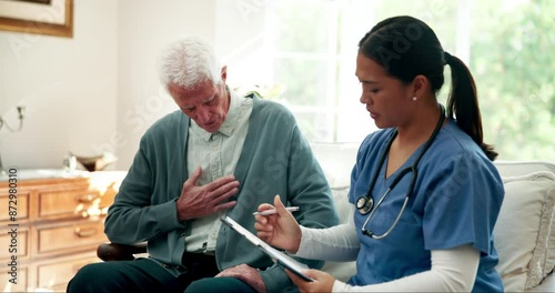 Wallpaper Mural Nurse, senior man and house with chest for questions, check and healthcare for heart in retirement. Caregiver, clipboard and paperwork with talking for cardiology, admin and info in apartment Torontodigital.ca