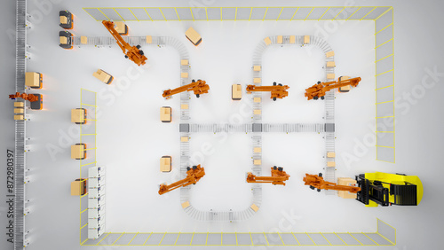 Factory 4.0 concept. The cooperation  of Handling robot , AGV (automated guided vehicle) and conveyor system in smart warehouse.3D illustration