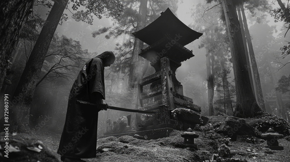 Fototapeta premium Lone samurai kneels solemnly at a forest shrine in reverence