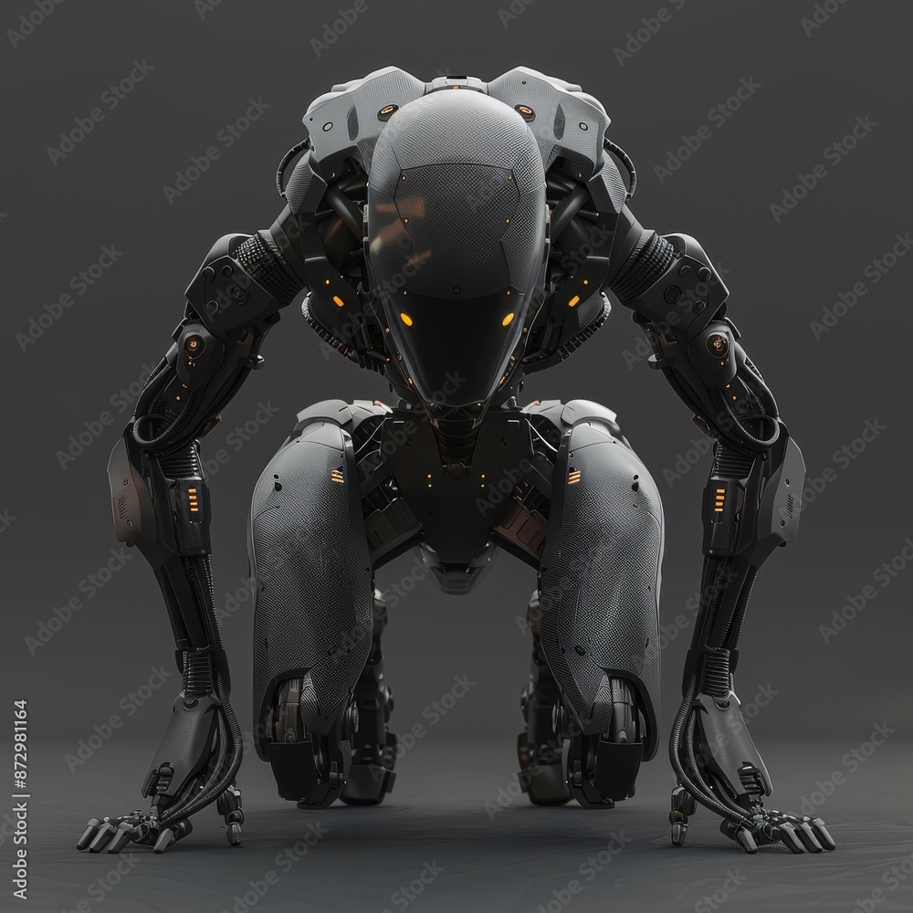 In a futuristic black armor suit, a cyborg female squats, putting her palm on the floor. She looks up at the floor. A cyborg female sitting on her haunches, looking at the ground. In a futuristic black armor suit, a cyborg female squats, putting her palm on the floor. She looks up at the floor. A cyborg female sitting on her haunches, looking at the ground.