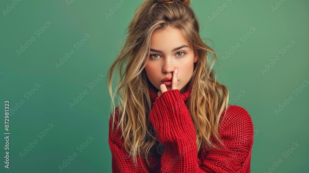 Stylish woman in red sweater with thoughtful gaze. Close-up portrait on green background. Fashion, beauty, and lifestyle concept. Perfect for blog posts, advertisements, and social media. AI Stylish woman in red sweater with thoughtful gaze. Close-up portrait on green background. Fashion, beauty, and lifestyle concept. Perfect for blog posts, advertisements, and social media. AI
