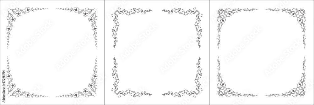 Set of three vegetal vector frames with forest flowers and leaves. Black and white. Vector frame for all sizes and formats. Isolated vector illustration.
Set of three vegetal vector frames with forest flowers and leaves. Black and white. Vector frame for all sizes and formats. Isolated vector illustration.