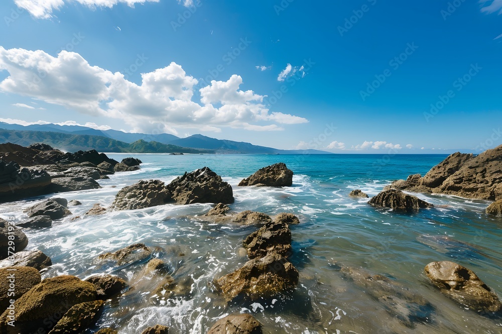 Scenic coastal view with rocky formations and crystal-clear blue water under a vibrant sky.
