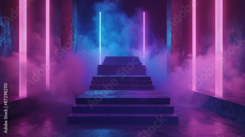 NEON Purple Blue Catwalk Stage Fashion Podium Dark Night Spot Lights Sci Fi Futuristic Concrete Grunge Smoke 3D Background