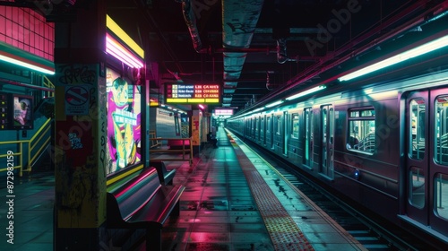 Wallpaper Mural A subway station platform at night, brightly lit with neon lights and advertising billboards Torontodigital.ca