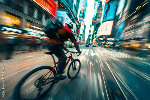 A dynamic shot of a cyclist riding through a cityscape, with motion blur effects to convey speed and energy.