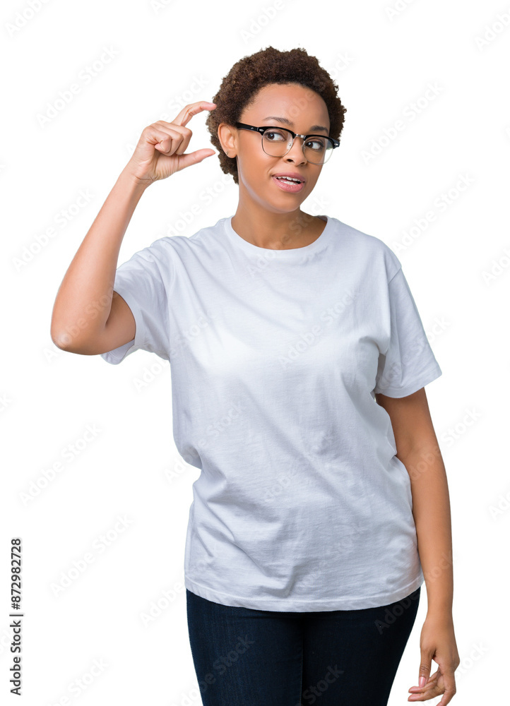 Fototapeta premium Beautiful young african american woman wearing glasses over isolated background smiling and confident gesturing with hand doing size sign with fingers while looking and the camera. Measure concept.