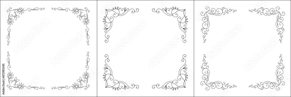 Set of three elegant black and white ornamental frames decorative border, corners for greeting cards, banners, business cards, invitations, menus. Isolated vector illustration. Set of three elegant black and white ornamental frames decorative border, corners for greeting cards, banners, business cards, invitations, menus. Isolated vector illustration.