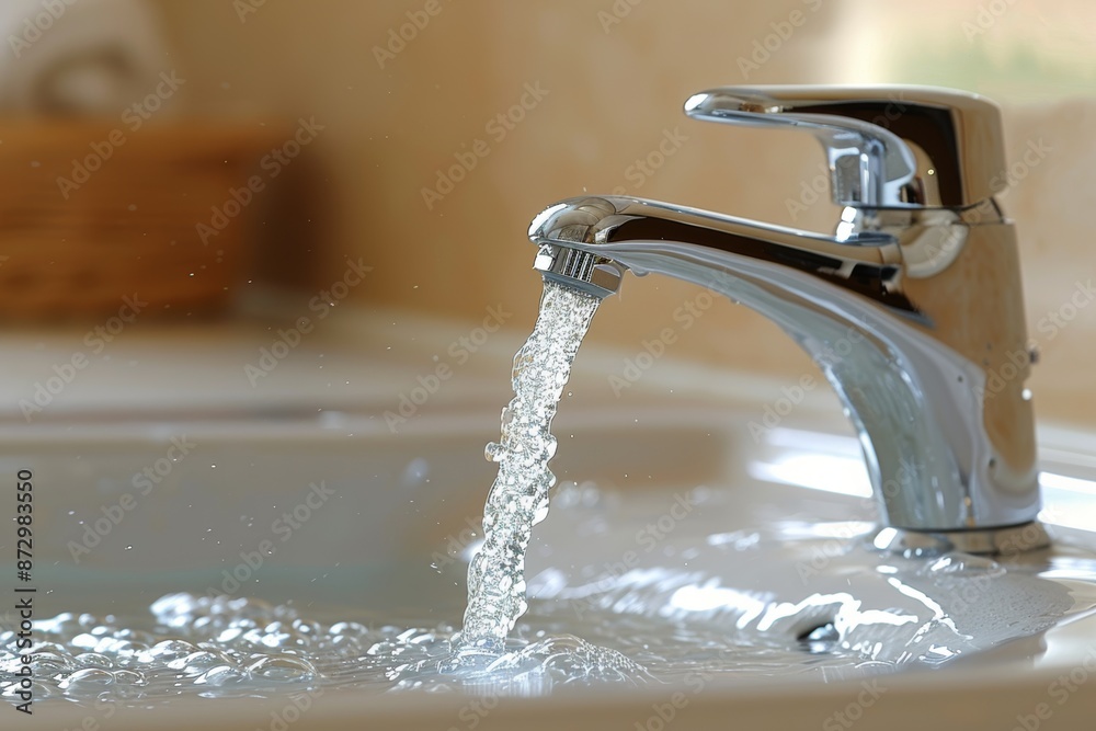 Water Flowing From A Chrome Faucet Into A White Sink Water Flowing From A Chrome Faucet Into A White Sink