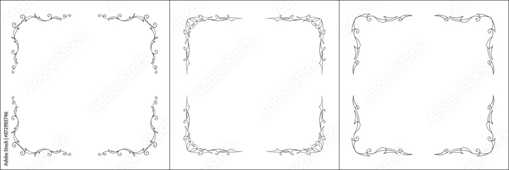 Set of three thin vector decorative frames. Black and white. Vector frame for all sizes and formats. Isolated vector illustration. Set of three thin vector decorative frames. Black and white. Vector frame for all sizes and formats. Isolated vector illustration.
