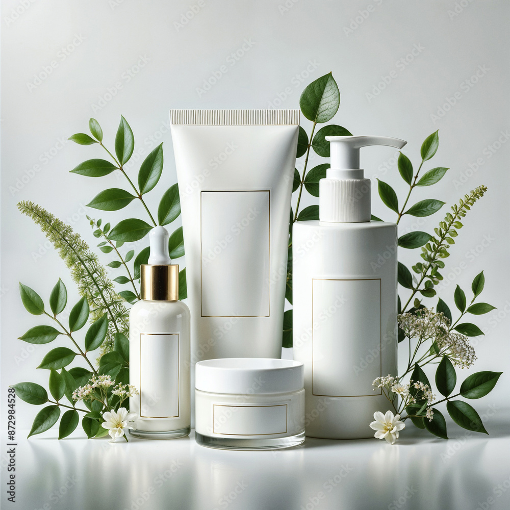 Luxury skincare product mockup with green leaves, elegant cosmetic bottles and jars, natural beauty and wellness, organic self-care items, high-end eco-friendly packaging on white background Luxury skincare product mockup with green leaves, elegant cosmetic bottles and jars, natural beauty and wellness, organic self-care items, high-end eco-friendly packaging on white background