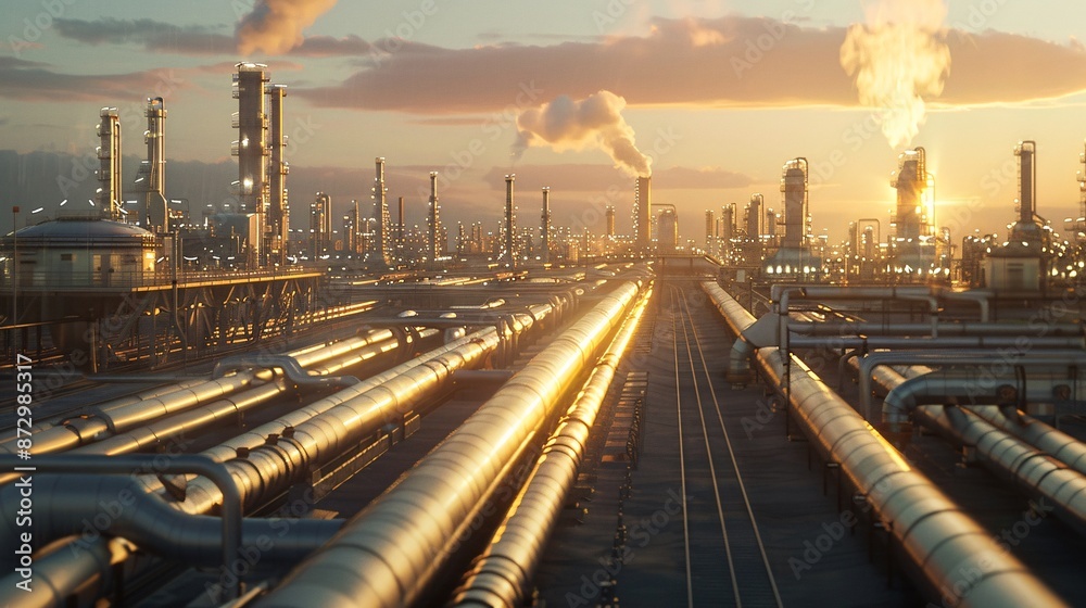 Industrial landscape with pipelines in a large oil refinery. Industrial landscape with pipelines in a large oil refinery.