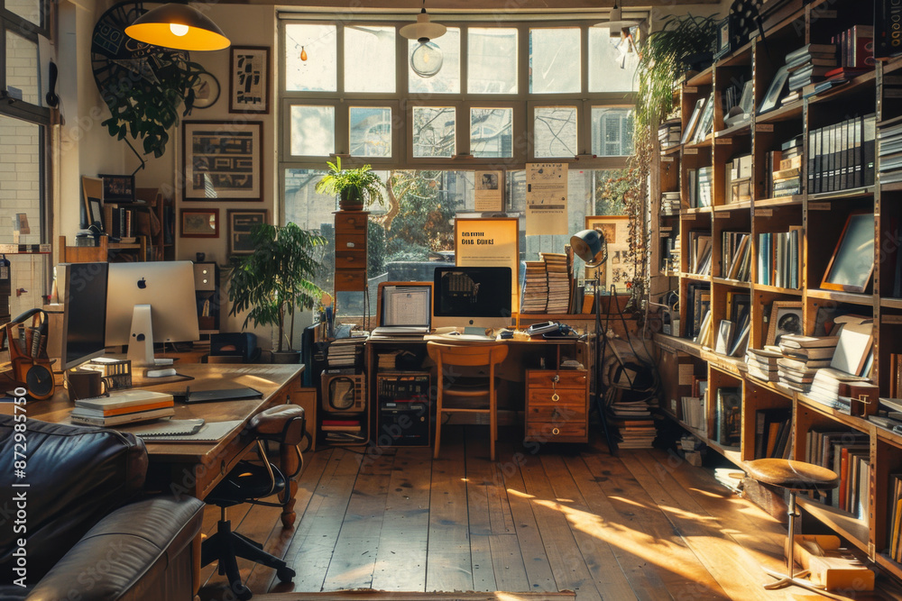 Empty office with Original concrete ceiling and wooden furniture Empty office with Original concrete ceiling and wooden furniture