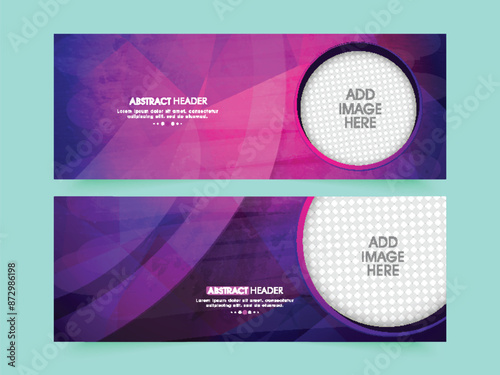 Abstract Style Social Media Banner or Header Design Set with Space for Product Image in Purple Color.