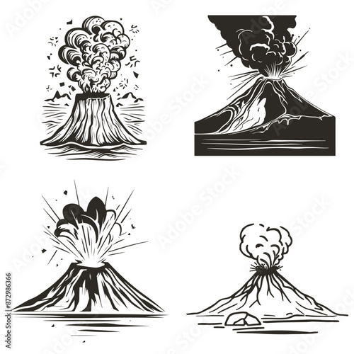Volcano mountain from which erupts, rocks fly and red-hot lava flows. Set of monochrome minimalistic vector tattoo sketches