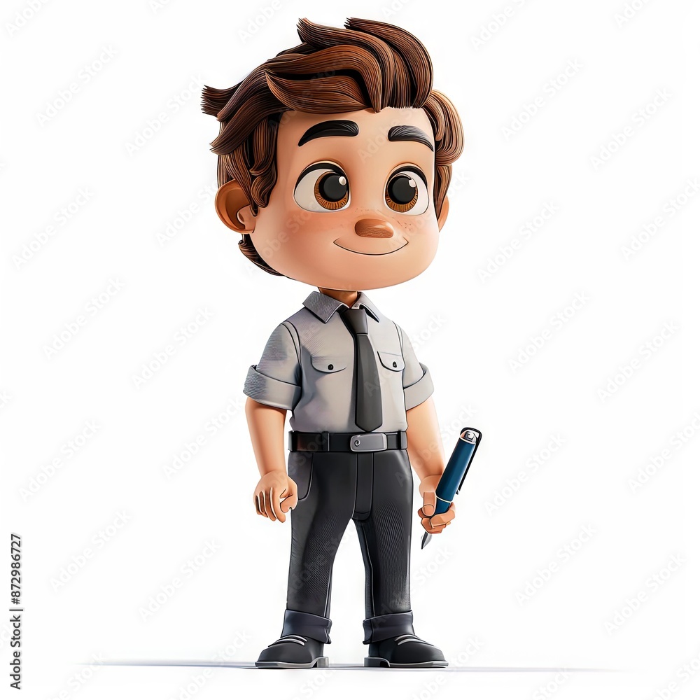 A 3D cartoon character of a young professional man in an office setting. He is dressed in a white shirt, black tie, and dark pants. He has stylish brown hair and is holding a pen. A 3D cartoon character of a young professional man in an office setting. He is dressed in a white shirt, black tie, and dark pants. He has stylish brown hair and is holding a pen.