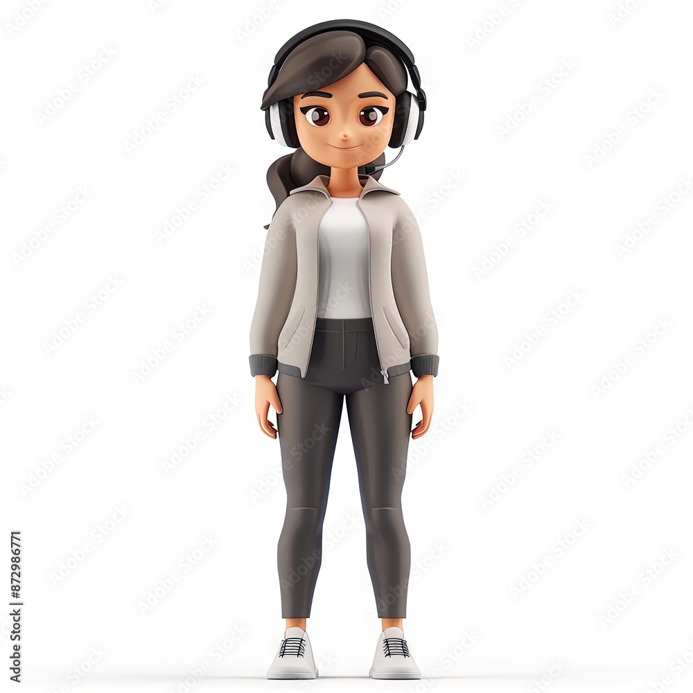 A 3D cartoon character of a young professional woman in casual office attire. She has brown hair styled in a ponytail, wears a light-colored t-shirt under a gray jacket, dark pants, and white sneakers A 3D cartoon character of a young professional woman in casual office attire. She has brown hair styled in a ponytail, wears a light-colored t-shirt under a gray jacket, dark pants, and white sneakers