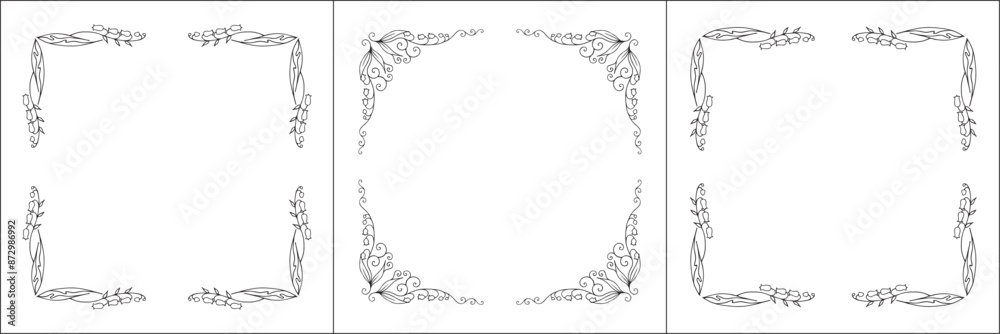 Set of three vegetal vector frames with forest flowers and leaves, bluebells. Black and white. Vector frame for all sizes and formats. Isolated vector illustration.
Set of three vegetal vector frames with forest flowers and leaves, bluebells. Black and white. Vector frame for all sizes and formats. Isolated vector illustration.