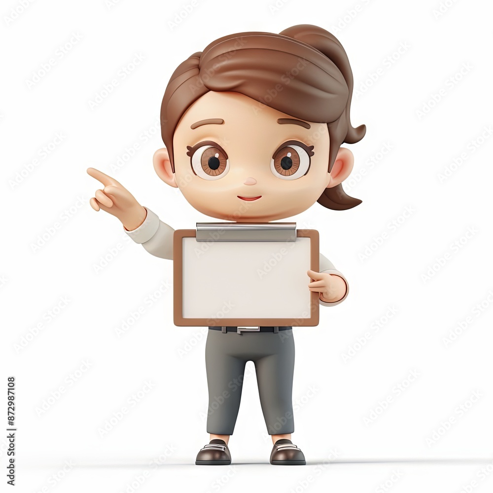 A 3D cartoon character of a young professional woman in an office setting. She is dressed in business attire with a light-colored shirt and dark pants. Her brown hair is styled in loose waves, and she A 3D cartoon character of a young professional woman in an office setting. She is dressed in business attire with a light-colored shirt and dark pants. Her brown hair is styled in loose waves, and she