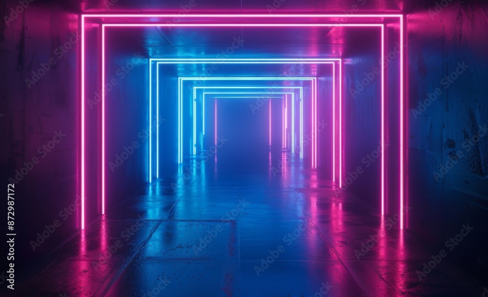 An abstract futuristic background filled with neon lines and shapes. A ray of neon glows and pierces the dark. An abstract futuristic background filled with neon lines and shapes. A ray of neon glows and pierces the dark.