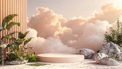 Minimalist podium, beige-pink cloud backdrop, rocks right, plants left, high angle, C4D rendering.