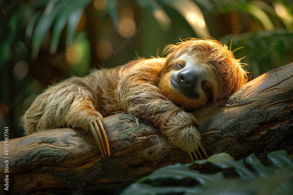 Fototapeta premium A peaceful sloth in a deep sleep atop a sturdy tree branch in the lush and vibrant environment of a tropical rainforest, illuminated by soft, natural light.