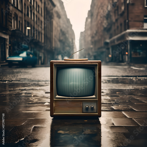 old vintage tv standing on the pavement in a city