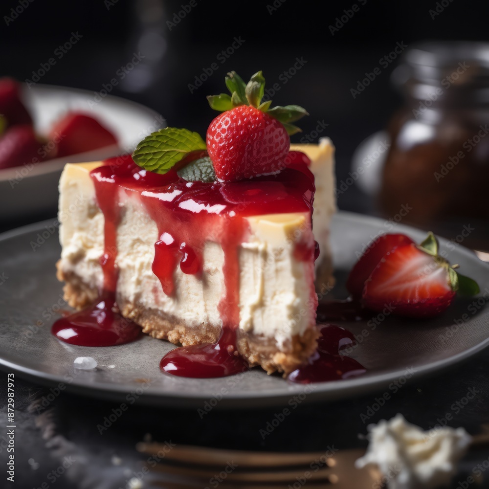 A delicious slice of cheesecake is beautifully presented on a plate, topped with fresh strawberries and blueberries, making it a mouthwatering treat A delicious slice of cheesecake is beautifully presented on a plate, topped with fresh strawberries and blueberries, making it a mouthwatering treat