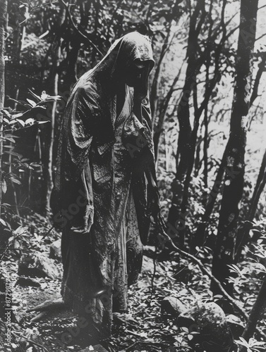 Eerie figure shrouded in tattered cloth stands amidst dense, shadowy forest