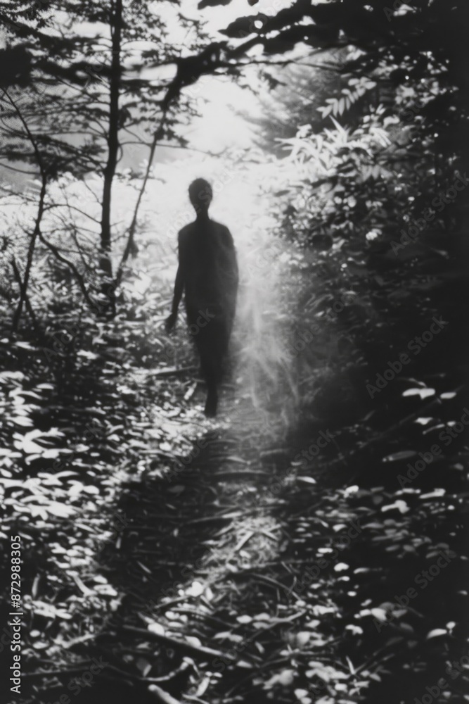 Fototapeta premium Mysterious figure walking through dense forest path with dappled sunlight
