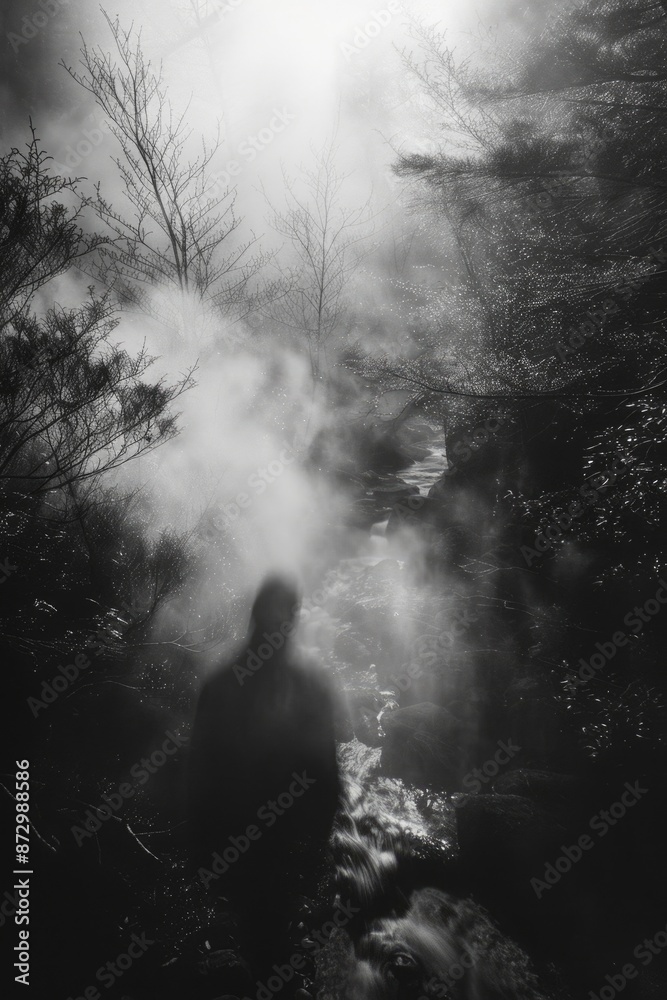 Obraz premium Mysterious figure walking through an ethereal foggy forest