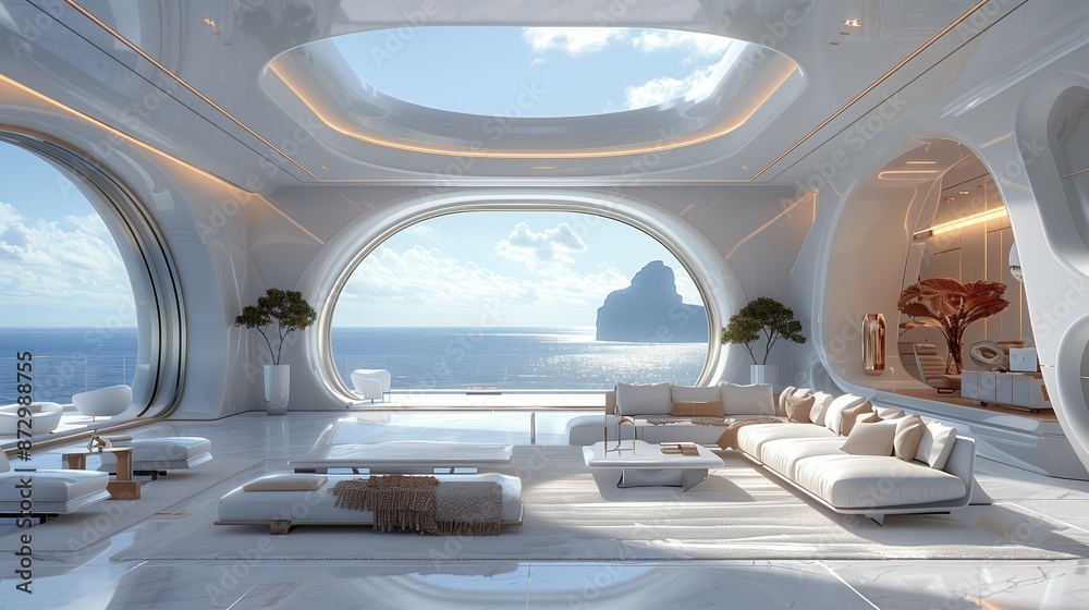 Modern Living Room With Ocean View and Unique Rounded Windows Modern Living Room With Ocean View and Unique Rounded Windows