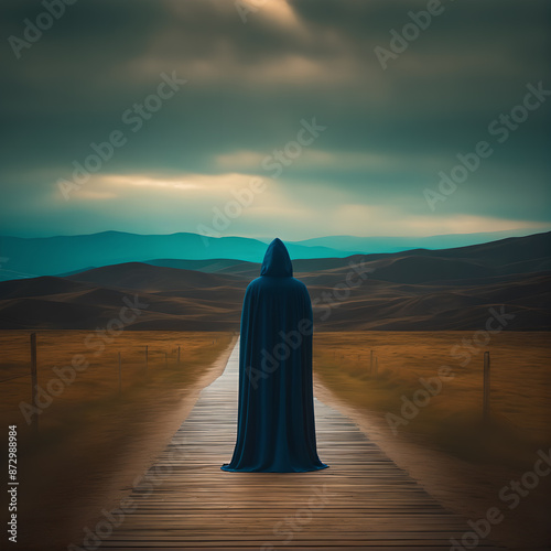 silhouette of a person with a cloak at sunset standni gon a road