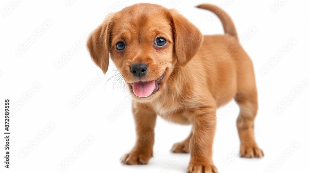 A cute brown puppy with blue eyes is standing on a white background. The puppy has a happy expression and is wagging its tail A cute brown puppy with blue eyes is standing on a white background. The puppy has a happy expression and is wagging its tail