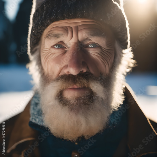 a handsome senior man in a winter coat standing in the snow