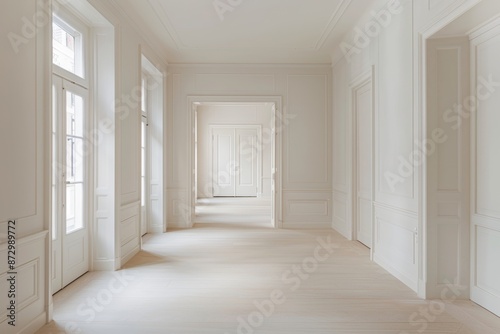 Luxury classic interior of empty room with white walls, wooden floor and white ceiling.