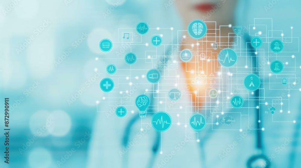 A scientist interacting with a holographic display of interconnected molecular structures.