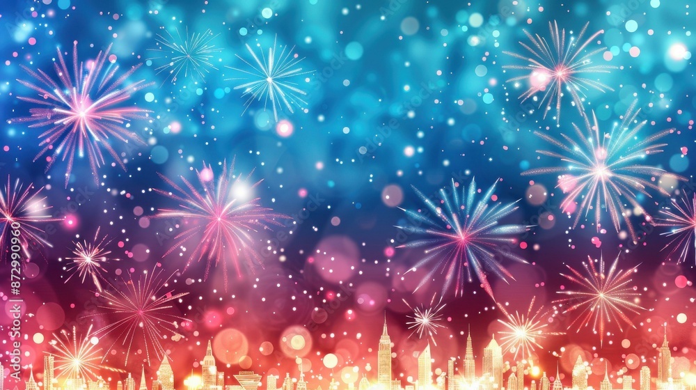 Fototapeta premium A vibrant display of colorful fireworks illuminating the night sky over a city skyline, creating a festive and celebratory atmosphere with bright explosions and glowing lights.