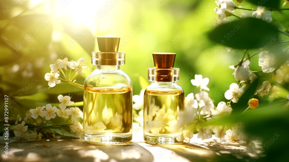 Essential Oil Bottles with Blossoms Outdoors Essential Oil Bottles with Blossoms Outdoors