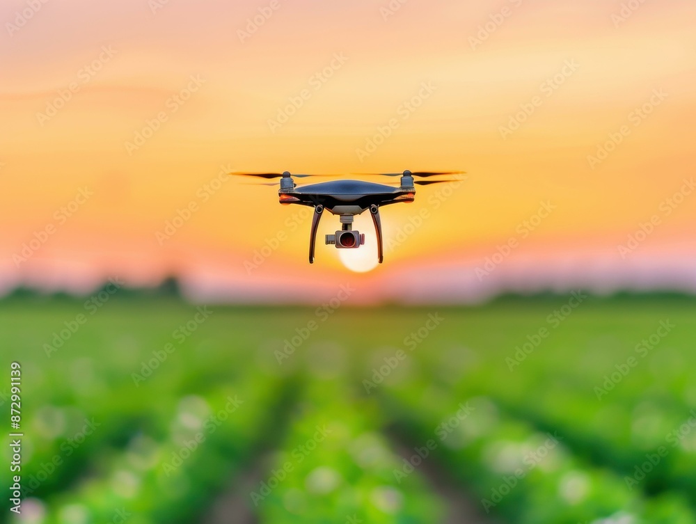 A drone flying over agricultural fields at sunset, collecting data for precision farming.