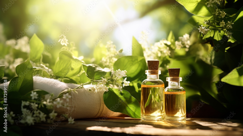 Essential Oil Bottles with Blossoms Outdoors Essential Oil Bottles with Blossoms Outdoors